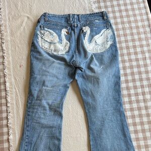 Women's Blue Boot Cut Jeans with Swan Design